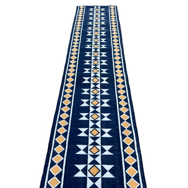 Textile Handmade Cotton Navy Blue Geometric Runner Rug, Vegetable Dyed Dhurrie Runner -2.5'x16' For Sale - Image 7 of 11