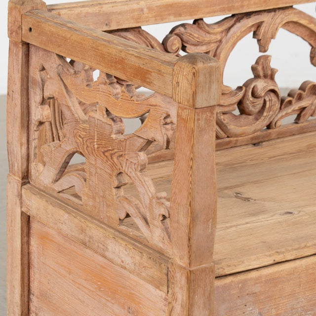 19th Century 1868 Swedish Carved Pine Storage Bench With Heart Detail For Sale - Image 5 of 15