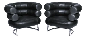 1980s Black Leather Lounge Chairs in the Style of the Bibendum Chairs Chrome Base Art Deco - Set of 2