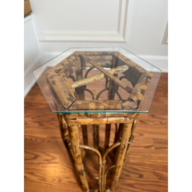 Hollywood Regency Hollywood Regency Burnt Bamboo Hexagon Glass Top Drink Accent Table For Sale - Image 3 of 11