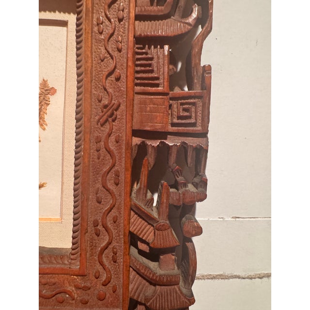 Antique Chinese Hand-Carved Wooden Frame With Carved Figures in Frame and Pressed Flowers. For Sale - Image 12 of 12