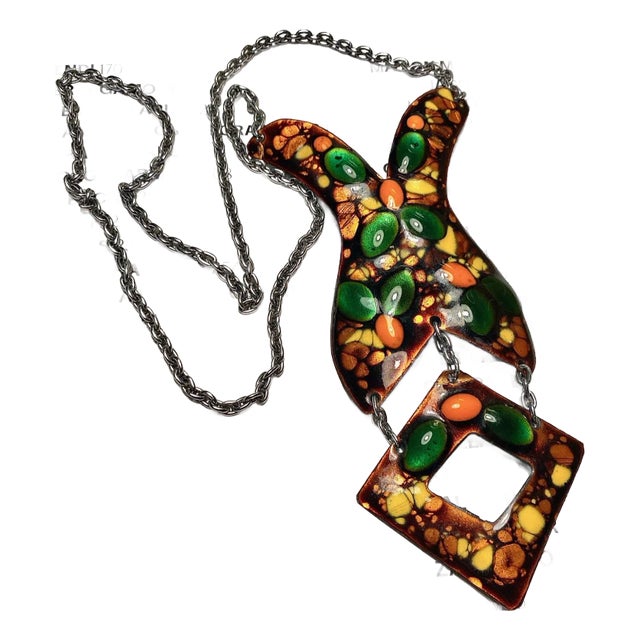 1970s Vintage Necklace Enamel Copper Statement Long For Sale