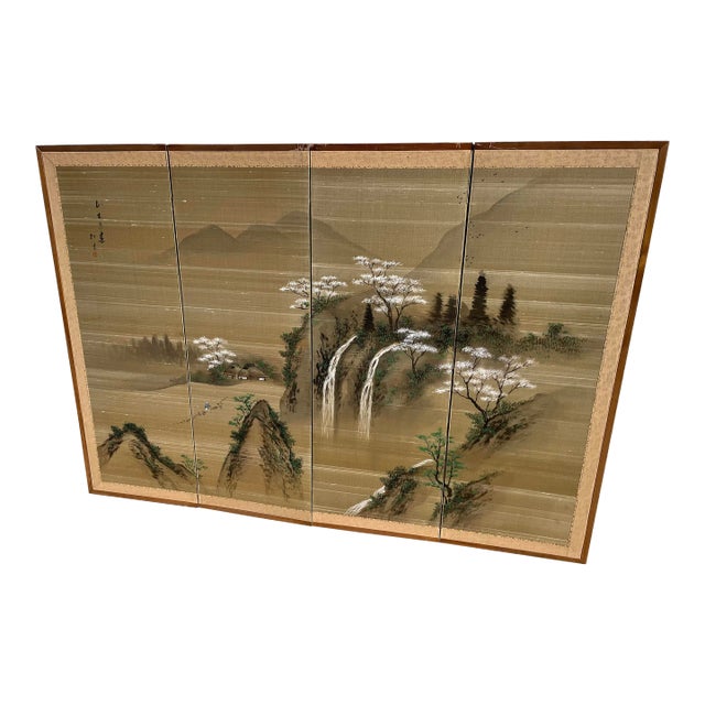 1940s Byobu Four Panel Japanese Screens Depicting Waterfall, Mountain, and Cherry Blossom Trees For Sale