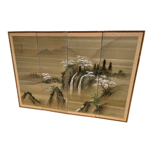 1940s Byobu Four Panel Japanese Screens Depicting Waterfall, Mountain, and Cherry Blossom Trees
