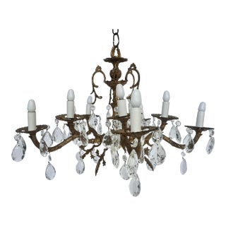 Mid-20th Century Spanish Cast Brass & Crystal Chandelier For Sale