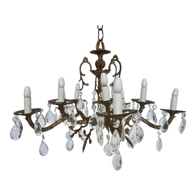 Mid-20th Century Spanish Cast Brass & Crystal Chandelier For Sale