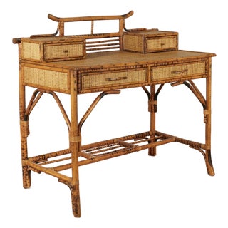 Vintage British Colonial Style Faux Burnt Bamboo and Grasscloth Pagoda Desk For Sale