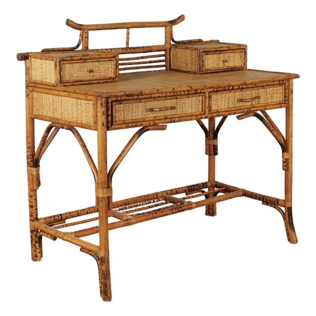 Vintage British Colonial Style Faux Burnt Bamboo and Grasscloth Pagoda Desk For Sale