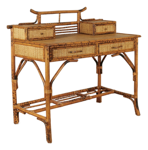 Vintage British Colonial Style Faux Burnt Bamboo and Grasscloth Pagoda Desk