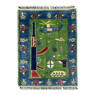 Afghan War Pictorial Wool Rug 2’ X 2’11” For Sale