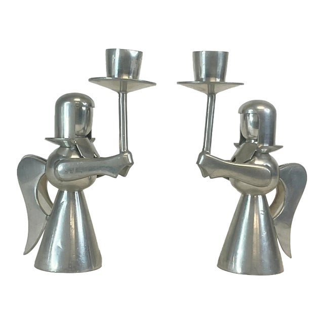 1980s Vintage Boho Chic Arts & Crafts Pewter Christmas Angel Candle Holders - A Pair. For Sale