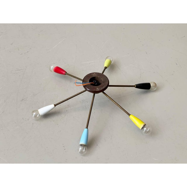 Sputnik Ceiling Light with Six Brass Arms and Colored Sockets, 1960s For Sale - Image 4 of 16