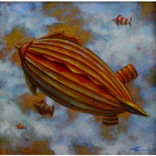 An Exceptional Flight by Tammi Otis | Oil Painting of a colorful airship in the sky with fish. For Sale