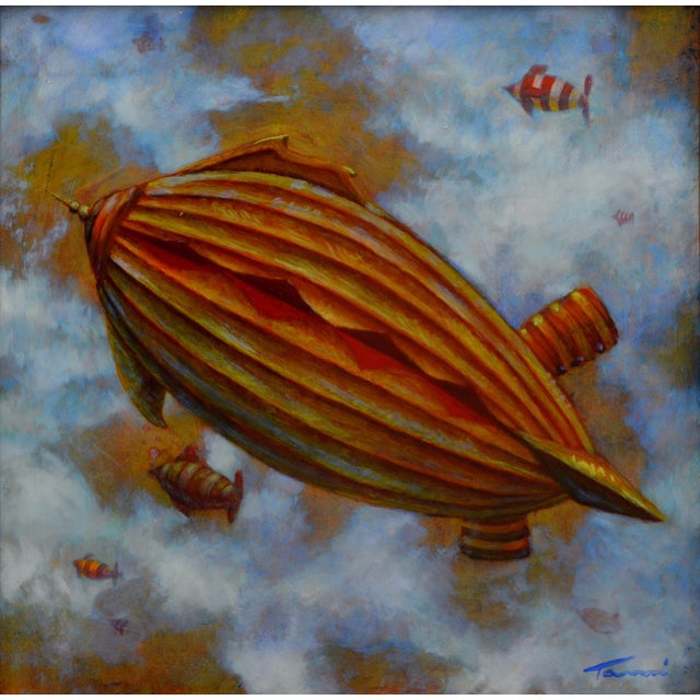 An Exceptional Flight by Tammi Otis | Oil Painting of a colorful airship in the sky with fish. For Sale
