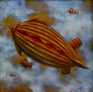 An Exceptional Flight by Tammi Otis | Oil Painting of a colorful airship in the sky with fish.