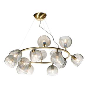Modernist Brushed Brass & Smoked Organic Hand-Blown Murano Glass Chandelier