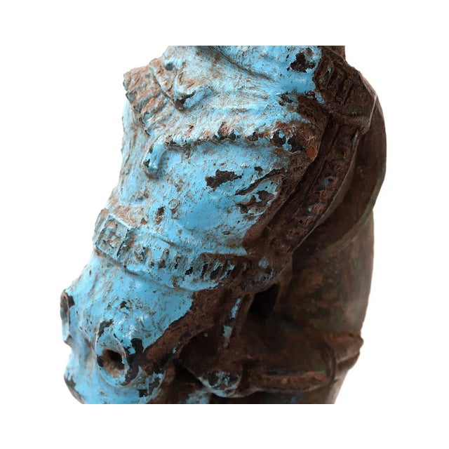 Turquoise 18th-Century Indian Hand-Carved & Painted Teakwood Horse Corbel on Stand For Sale - Image 8 of 9