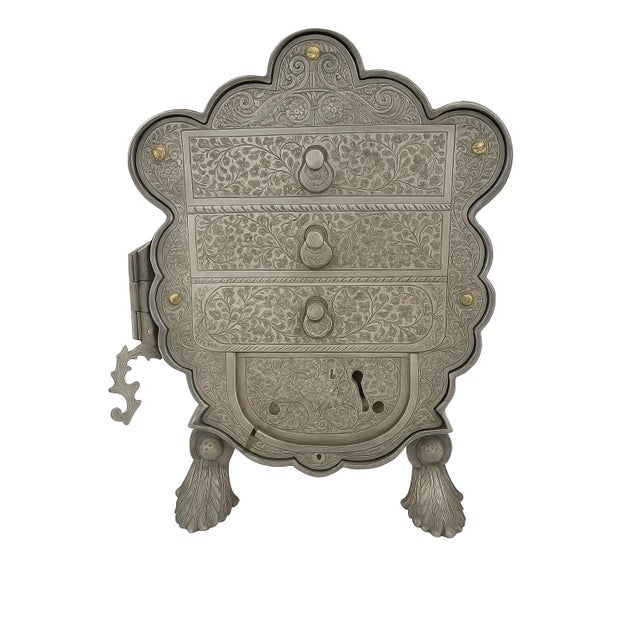 A beautifully hand-engraved Fred Zimbalist musical jewelry cabinet — a rare fusion of mid-century American craftsmanship...