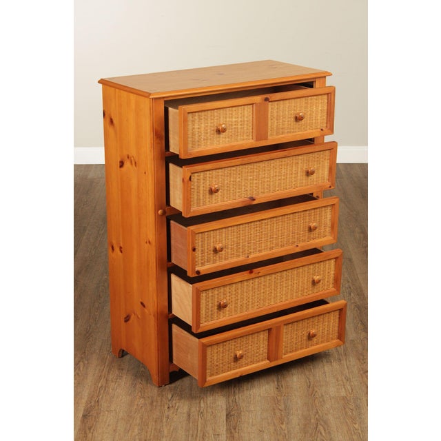 Vintage Pine Tall Chest with Five Drawers and Woven Wicker Drawer Fronts