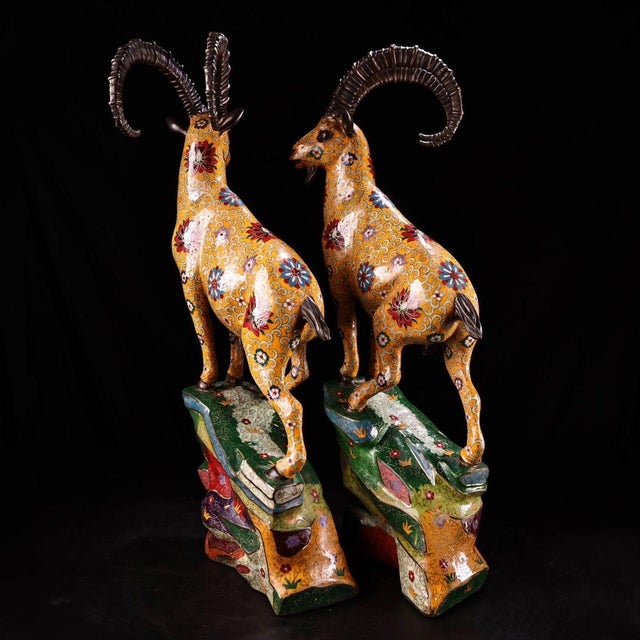 Late 20th Century Pair of Gilt Bronze Cloisonné Enamel Ram Figures on Rockery Bases For Sale - Image 4 of 9