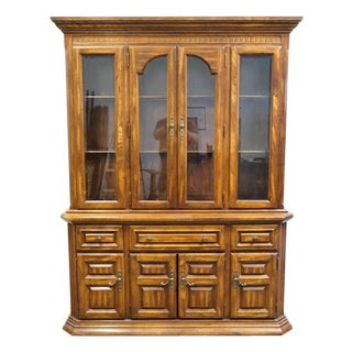 High End Vintage Solid Oak Rustic European 62" Buffet W. Lighted Display China Cabinet 7080-67 / 7080-68 For Sale