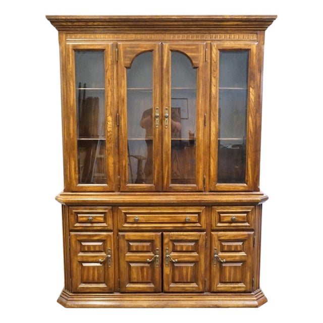 High End Vintage Solid Oak Rustic European 62" Buffet W. Lighted Display China Cabinet 7080-67 / 7080-68 For Sale