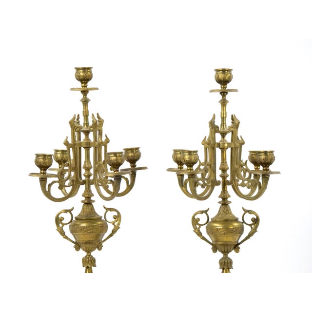 French 19th Century Gilt Bronze-Mounted Slate & Rouge Marble Five Arm Candelabra For Sale - Image 3 of 12