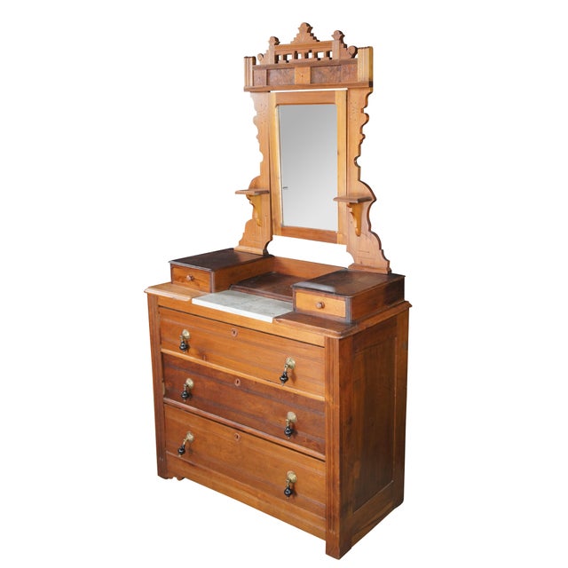 Victorian Antique Victorian Eastlake Walnut Marble Top Dresser Glove Box Shaving Mirror For Sale - Image 3 of 12
