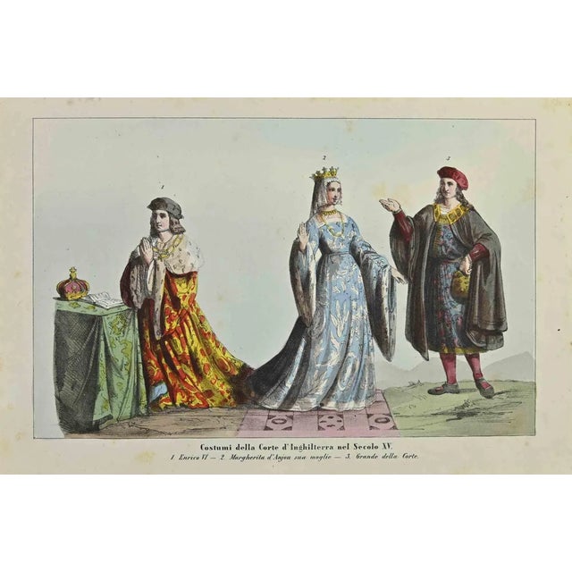 Costumes of the Court of England in the 15th century is a lithograph made by Auguste Wahlen in 1844. Hand colored. Good...