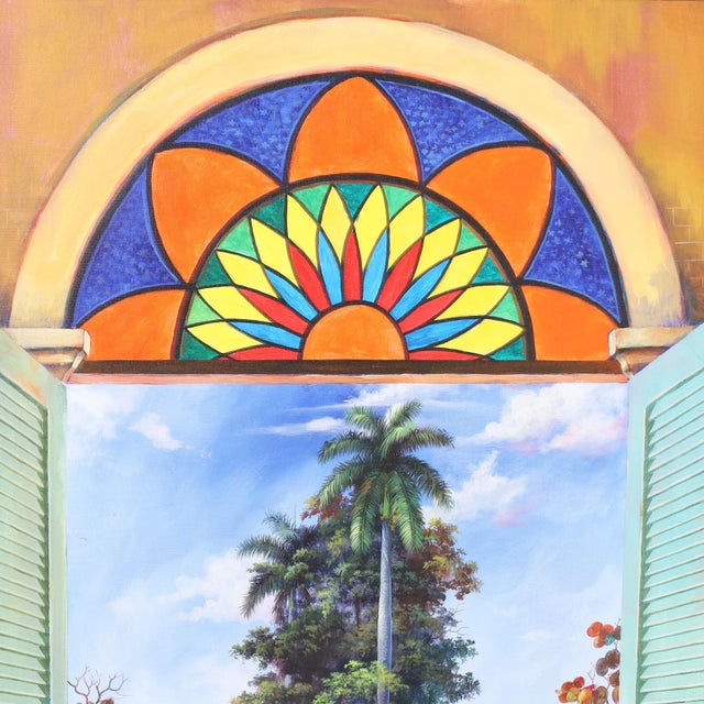 Intriguing acrylic painting on canvas with an ocean view through open doors under a stained glass transom, with a rocking...