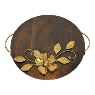 Handcrafted Round Wood Serving Tray With Handles | 12 Inch Floral Metal Inlay Platter | Rustic Coffee Table Decor | Housewarming Gift Item For Sale