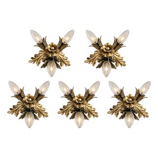 Vintage Florentine Floral Hand-Forged Silver-Plated 3-Light Flush Mount from Banci Firenze, Italy, Florence 1960s, Set of 5 For Sale
