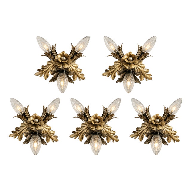 Vintage Florentine Floral Hand-Forged Silver-Plated 3-Light Flush Mount from Banci Firenze, Italy, Florence 1960s, Set of 5 For Sale