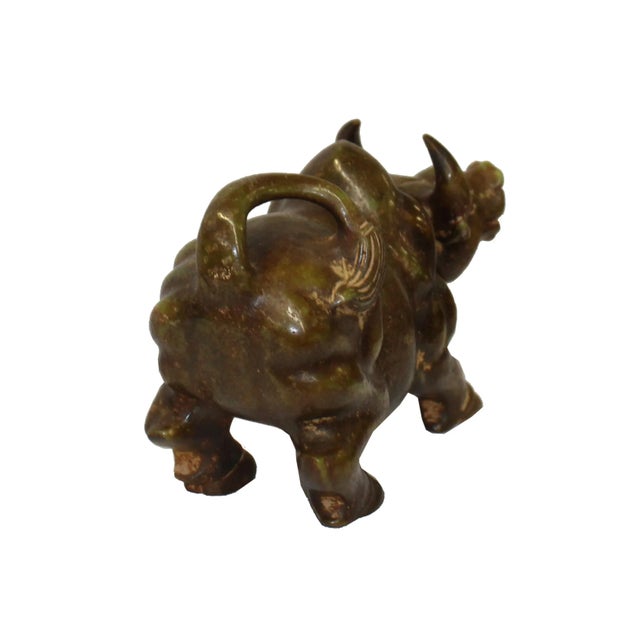 Figurative Chinese Green Brown MIX Stone Carved Ox Cow Display Figure For Sale - Image 3 of 4