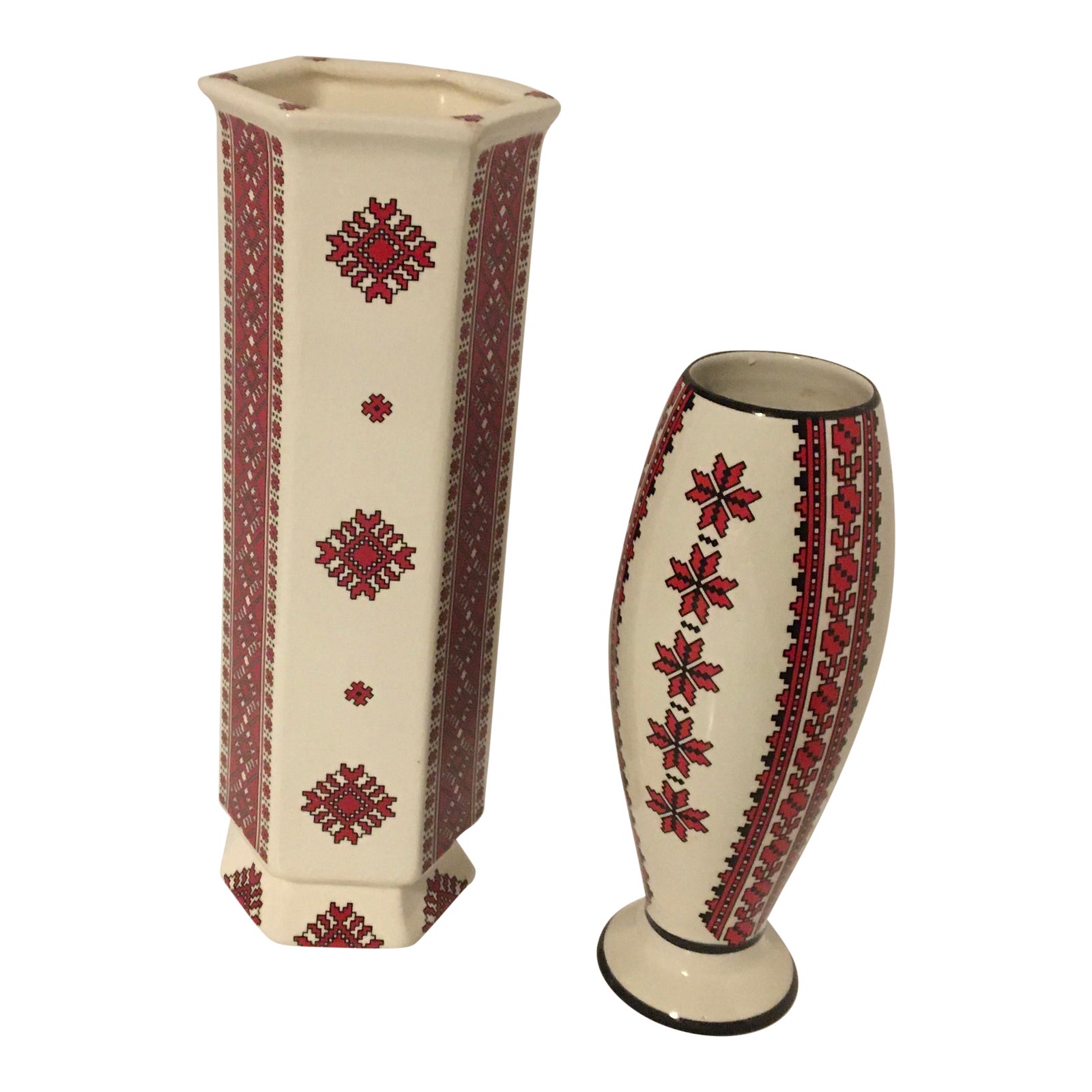 Ukrainian Folk Art Pottery Vases With Needlepoint Pattern a Pair