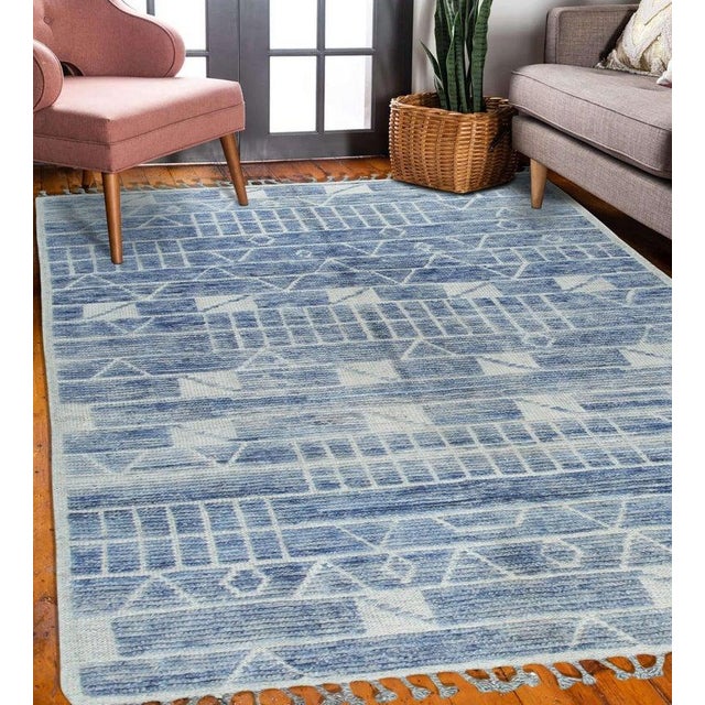 8x10 Blue Hand-Knotted Wool Linear Blocks Geometric Modern Carpet Rug For Sale - Image 10 of 12