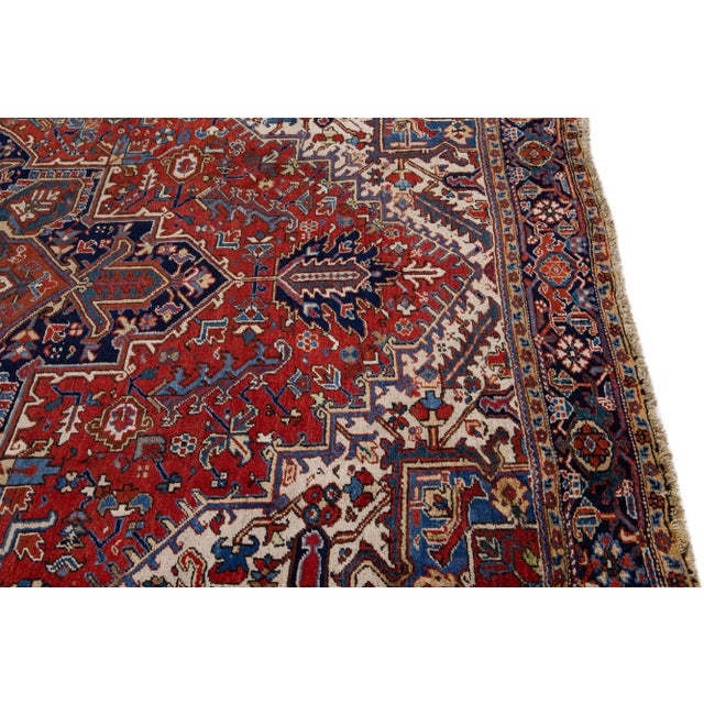 Antique Heriz Red Handmade Persian Wool Rug With Multicolor Medallion Design For Sale In New York - Image 6 of 11