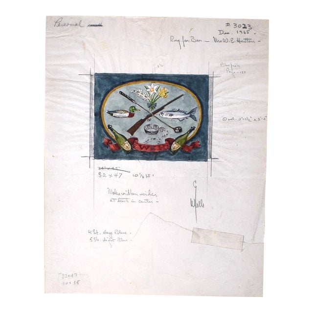 Watercolor Design for a Bar Area Rug W/ X'd Golf Club/ Shooting Gun & Champagne Bottles 1968 by George Wells (1906–1988) For Sale