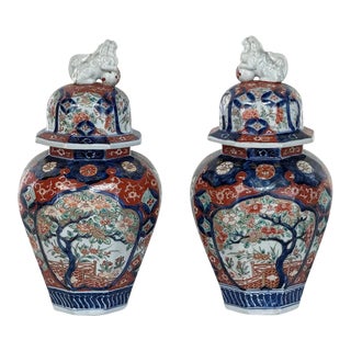 Pair 19th Century Meiji Period Japanese Imari Lidded Urns For Sale