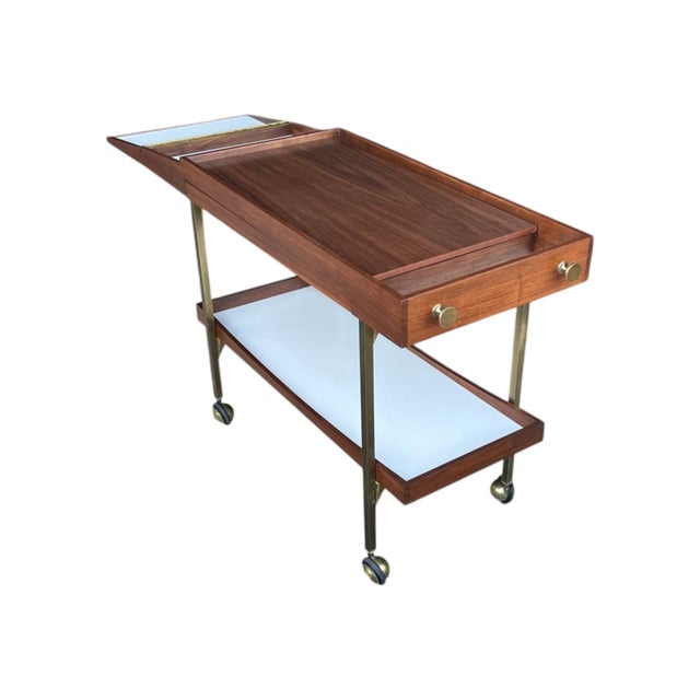 Wood Paul McCobb Style Mid-Century Walnut Bar Cart With Brass Accents For Sale - Image 7 of 14