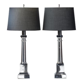 1960s Pair of Chrome Column Table Lamps With Black Linen Shades For Sale