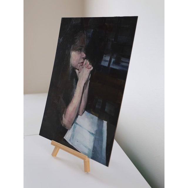 Contemporary Halfway by Elena Burykina | Oil on a flat panel Portrait of a woman with hands clasped in thought. For Sale - Image 3 of 3