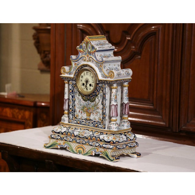 19th Century French HandPainted Ceramic Mantel Clock From Rouen Chairish
