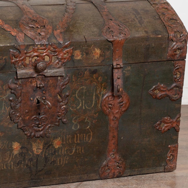 Large Swedish Oak Trunk With Original Green Painted Finish, Dated 1785 For Sale - Image 15 of 18