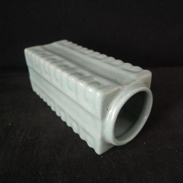 White Chinese Ceramic Vase,Guan Ware Celadon Glaze Porcelain Vase Hand Painted Ridged Decoration Pattern For Sale - Image 8 of 10