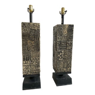 1970s Large Brutalist Gilt Carved Table Lamps in the Style of Paul Evans, a Pair For Sale