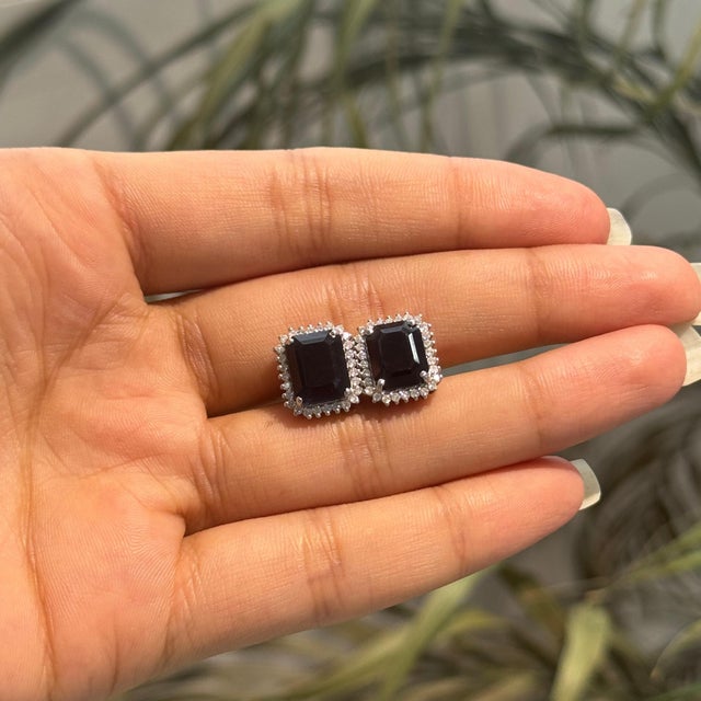 8.3 Ct Art Deco Octagon Cut Blue Sapphire & Diamond Halo Stud Earrings - A Pair For Sale - Image 9 of 13