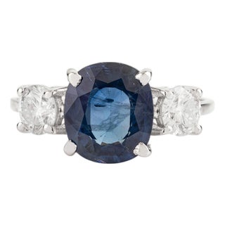 18k Gold Three Stone Oval Sapphire Diamond Vintage Ring Size 6.5 For Sale