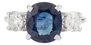18k Gold Three Stone Oval Sapphire Diamond Vintage Ring Size 6.5