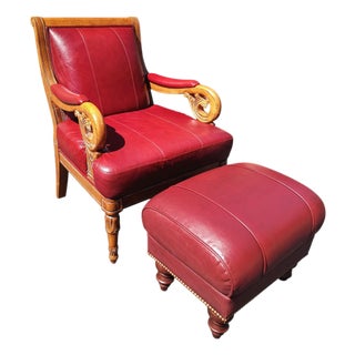 Empire and William IV Periods Inspired Vintage Red Leather Armchair & Ottoman For Sale